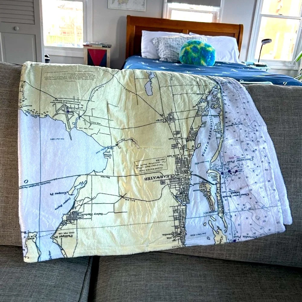 NEW without TAGS PLUSH Blanket with Nautical Chart of Tampa / St. Pete